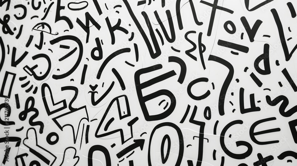 A vibrant pattern of abstract shapes, letters, and numbers on a white background. A vibrant pattern of abstract shapes, letters, and numbers on a white background.