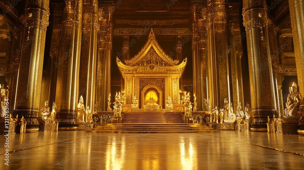 Obraz premium Golden Palace with Columns, Throne, and Statues, an opulent interior scene, with gold details