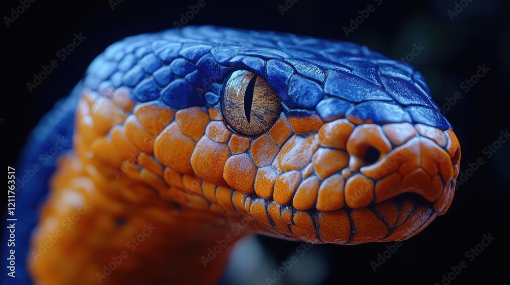 Blue-orange snake head close-up, jungle backdrop, reptile wildlife Blue-orange snake head close-up, jungle backdrop, reptile wildlife