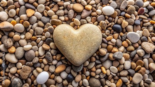 A stone heart nestled amongst a multitude of smooth, colorful pebbles, a tranquil scene of natural beauty