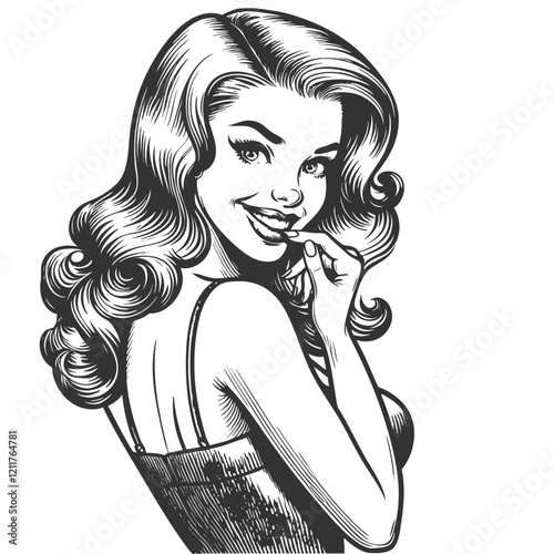 Playful smiling beautiful young woman flirty biting her finger sketch engraving generative ai fictional character vector illustration. Scratch board imitation. Black and white image.