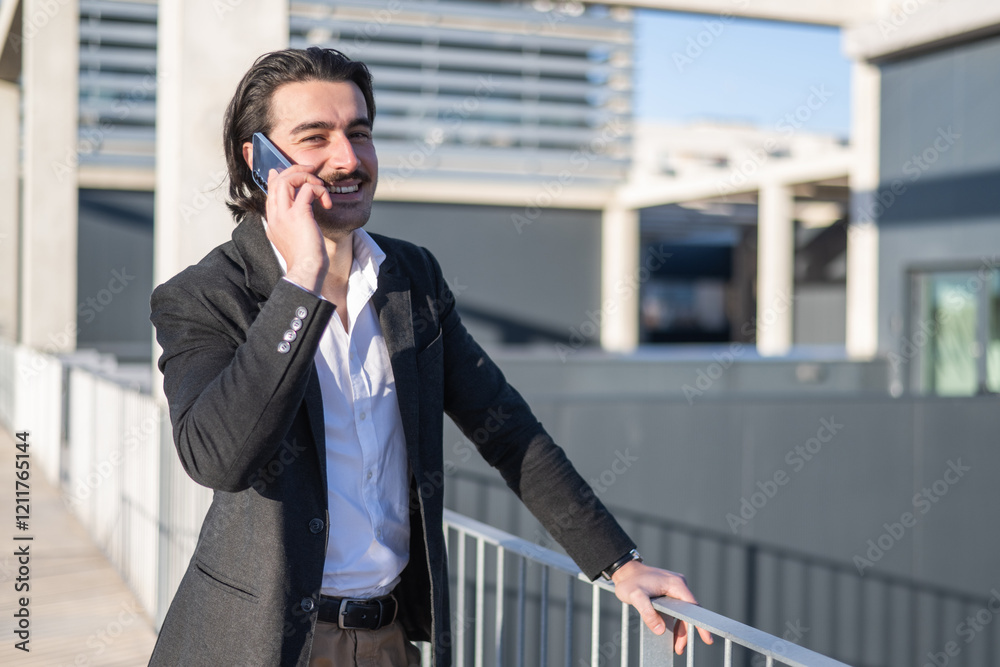 Businessman Discussing Authentic Success Over Phone Call In Urban Town, Smiling Happily For Communication And Professional Networking While Surrounded By Modern Office Buildings In A Vibrant City Businessman Discussing Authentic Success Over Phone Call In Urban Town, Smiling Happily For Communication And Professional Networking While Surrounded By Modern Office Buildings In A Vibrant City