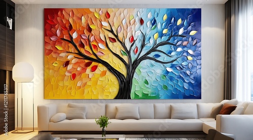 Abstract Tree with Colorful Leaves, 3D Wall Art Painting for Modern Home Decor