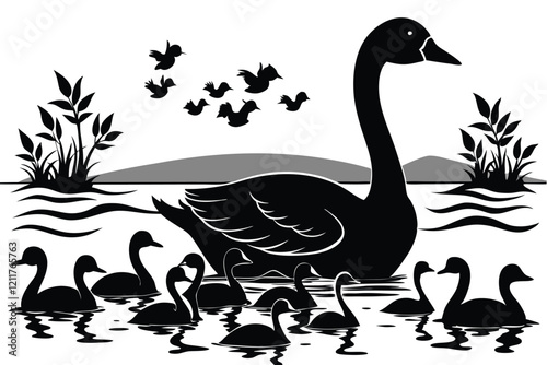 black silhouette geese on the lake Swimming at beach white background