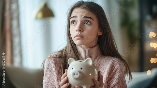 A young Caucasian girl holds a piggy bank, looking contemplative and concerned about her finances. photo