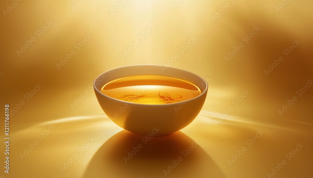 Golden Teacup Holds Amber Liquid Saffron Tea Golden Teacup Holds Amber Liquid Saffron Tea