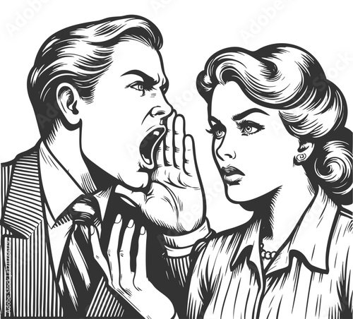 argument between a man shouting and a woman listening, reflecting tension and conflict sketch engraving generative ai vector illustration. Scratch board imitation. Black and white image.