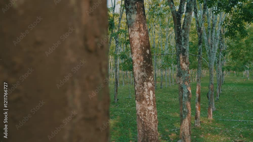 Latex dripping from a rubber tree into a black bucket in a Langkawi plantation, highlighting the natural resource essential for rubber production in Malaysia's tropical agriculture Latex dripping from a rubber tree into a black bucket in a Langkawi plantation, highlighting the natural resource essential for rubber production in Malaysia's tropical agriculture