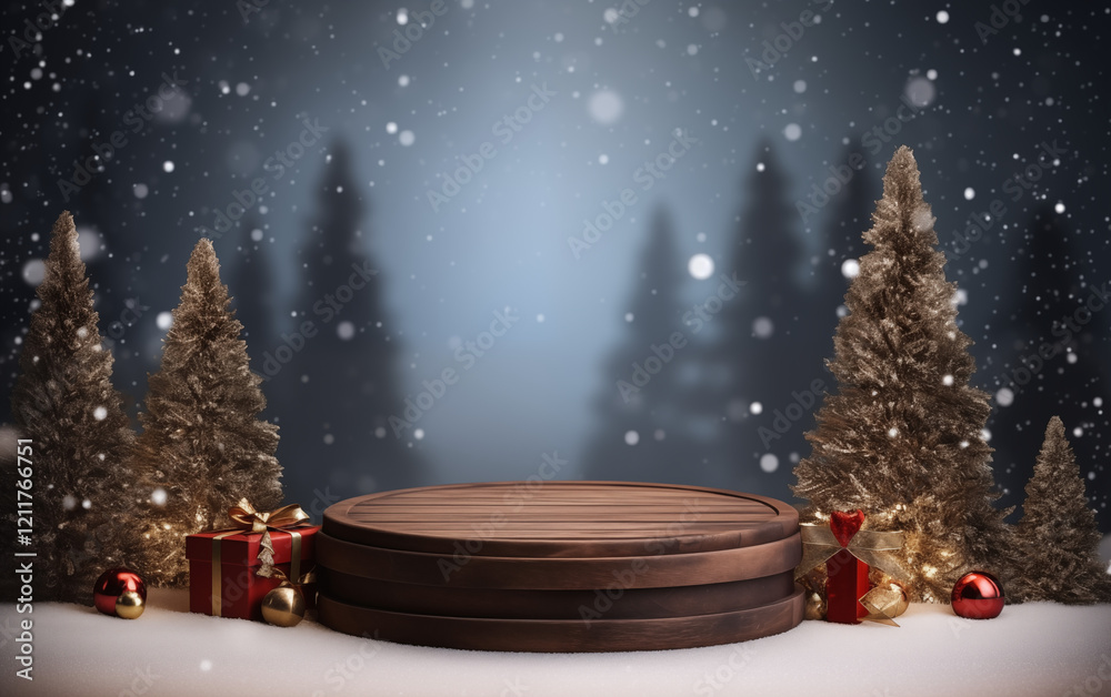 Fototapeta premium dark wooden circle podium with pine tree on each side and raining snow on the background