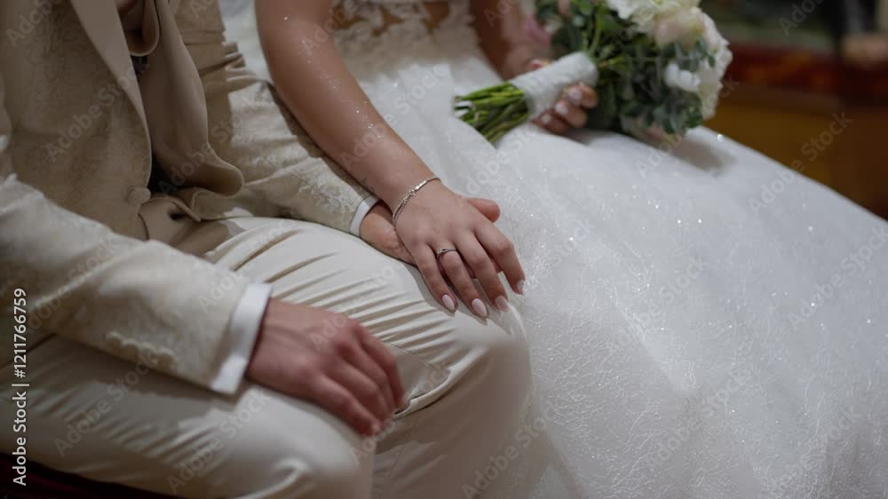 Bride and groom sitting together, hands resting closely, showing unity and love Bride and groom sitting together, hands resting closely, showing unity and love