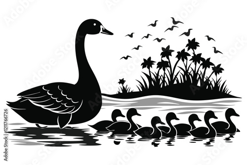 black silhouette geese on the lake Swimming at beach white background