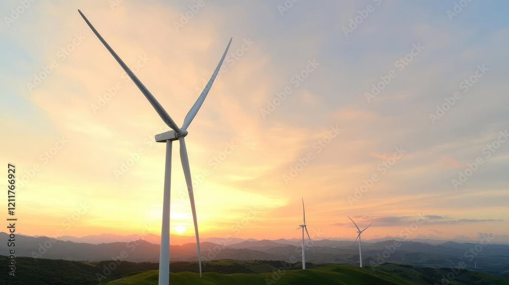 Obraz premium Wind turbines stand on green hills generating renewable energy during a scenic sunset.