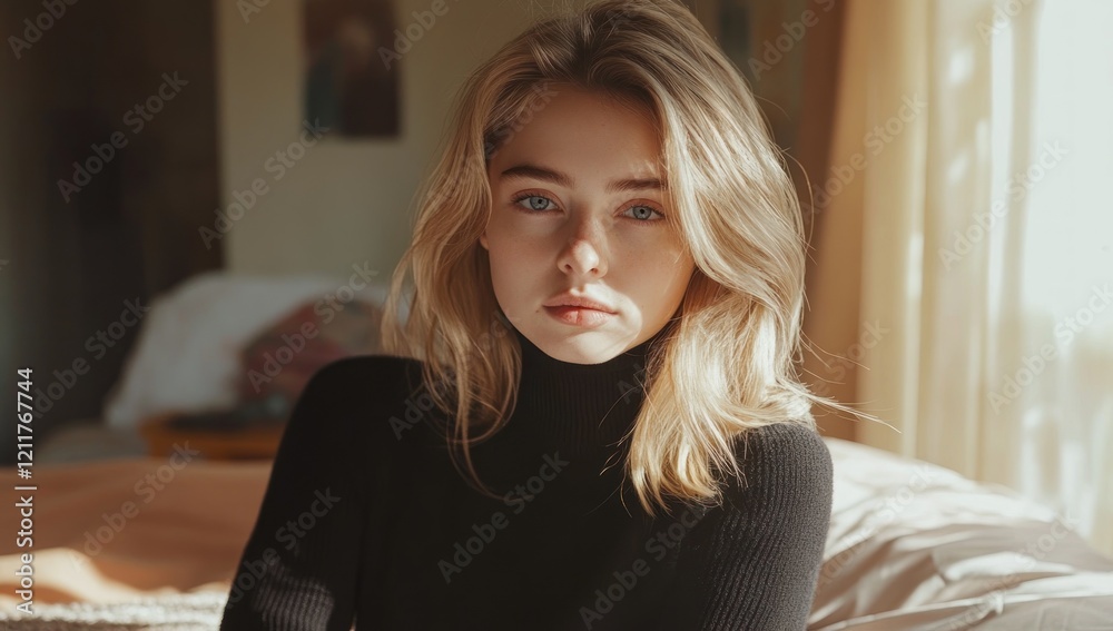 Fototapeta premium Golden Hour Portrait: Serene Blonde Woman in Black Turtleneck