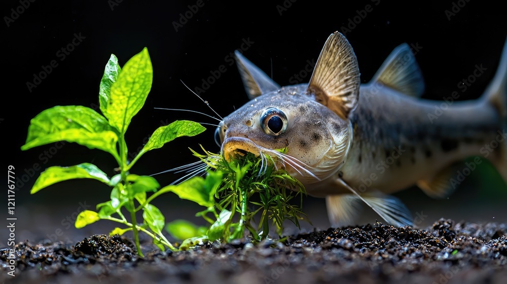 Catfish eating plants in aquarium, dark background, nature scene, suitable for websites or educational materials Catfish eating plants in aquarium, dark background, nature scene, suitable for websites or educational materials