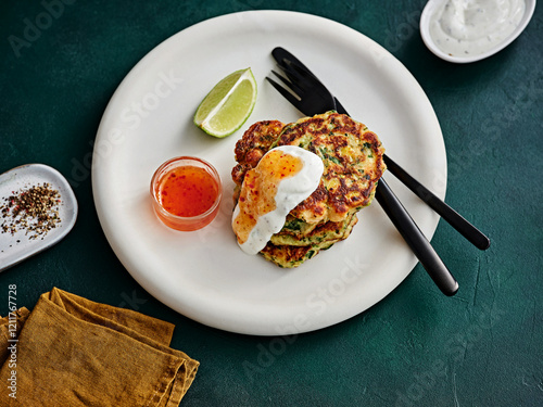 Savory pancakes are stacked on a modern plate, garnished with a dollop of yogurt and sauce, accompanied by lime wedges and seasoning, displaying appetizing textures and colors photo