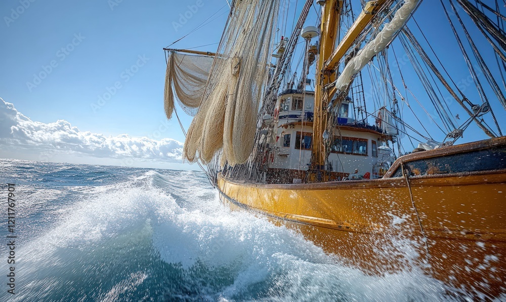 Obraz premium Sailing ship, ocean waves, fishing nets.