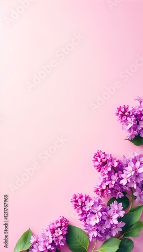 Delicate lilac flowers arranged along the bottom edge of a pink background, offering a serene and fresh aesthetic, perfect for spring-themed designs or floral greeting cards. Social media banner.