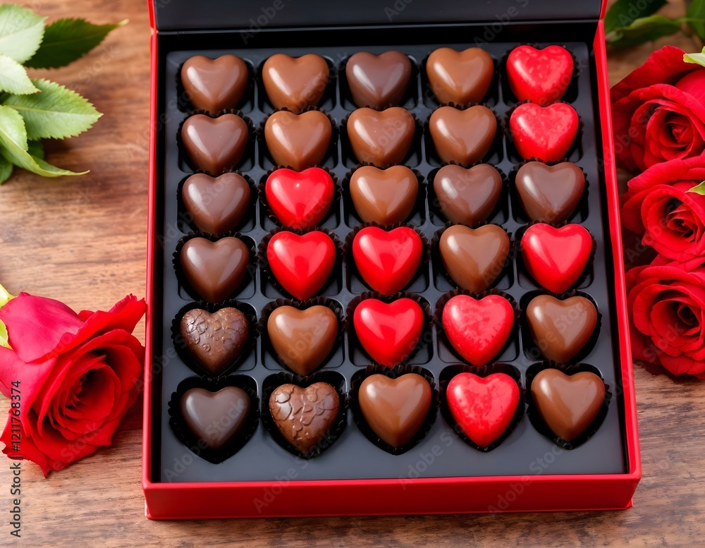 Heart-shaped chocolates arranged in a luxurious red gift box with roses on a wooden table, perfect for a romantic Valentine’s Day gift. Heart-shaped chocolates arranged in a luxurious red gift box with roses on a wooden table, perfect for a romantic Valentine’s Day gift.