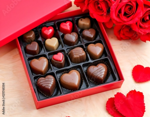 Heart-shaped chocolates arranged in a luxurious red gift box with roses on a wooden table, perfect for a romantic Valentine’s Day gift.