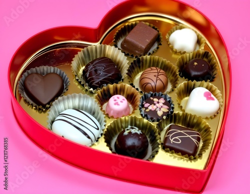 Heart-shaped chocolate box with assorted pralines and truffles.
