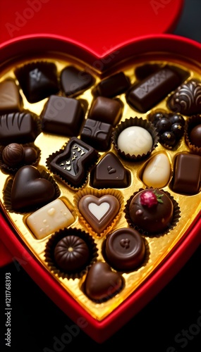 Vertical close-up of a heart-shaped box filled with assorted luxury chocolates on a vibrant pink and red background, perfect for a Valentine’s Day social media banner.