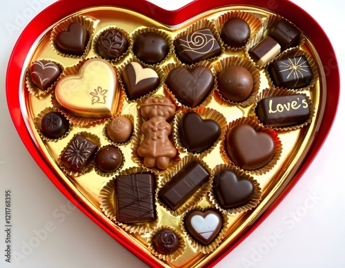 Heart-shaped chocolate box with assorted pralines and truffles.