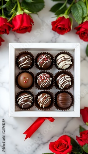 Vertical social media banner featuring a luxurious gift box of assorted truffles tied with a red ribbon, surrounded by vibrant red roses on a marble background.