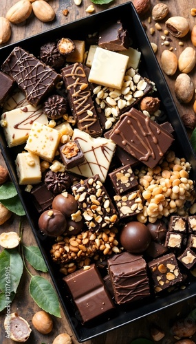 Vertical display of assorted gourmet chocolates and truffles with nuts in a stylish box on a rustic wooden background.