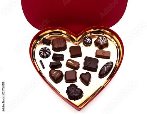 Heart-shaped chocolate box with assorted pralines and truffles.