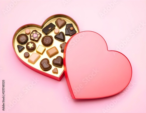 Heart-shaped chocolate box with assorted pralines and truffles.