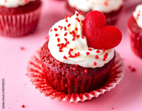 Red velvet cupcake with creamy frosting, sprinkled with red sugar and topped with a heart decoration on a pastel pink background.