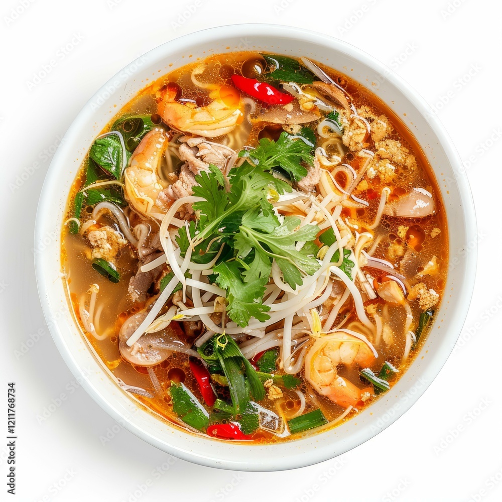 Delicious asian noodle soup with shrimp, meat, bean sprouts, and fresh herbs, served in a white bowl Delicious asian noodle soup with shrimp, meat, bean sprouts, and fresh herbs, served in a white bowl