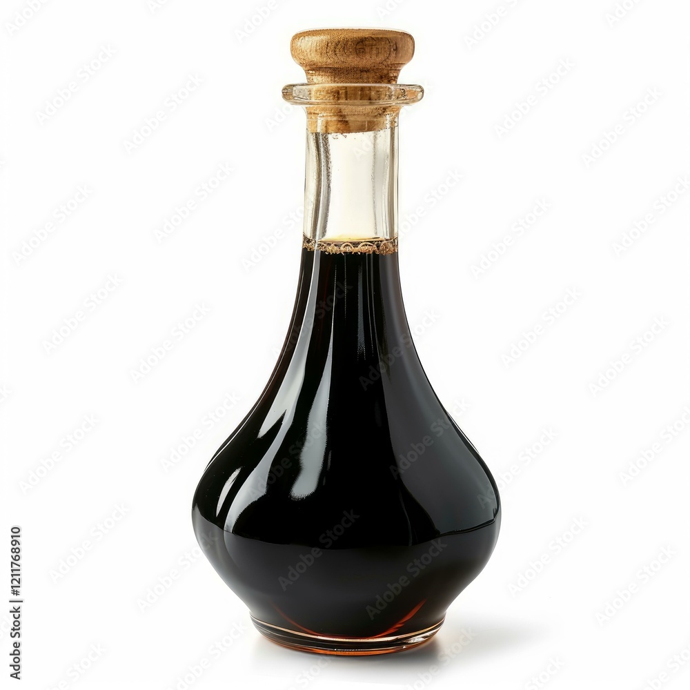 Studio shot of a dark culinary sauce like soy sauce or balsamic vinegar in an elegant glass bottle with a cork stopper Studio shot of a dark culinary sauce like soy sauce or balsamic vinegar in an elegant glass bottle with a cork stopper
