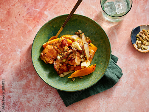 A colorful dish featuring tender roasted chicken pieces paired with sweet squash and toasted seeds, presented in a green bowl. A refreshing drink complements the meal photo