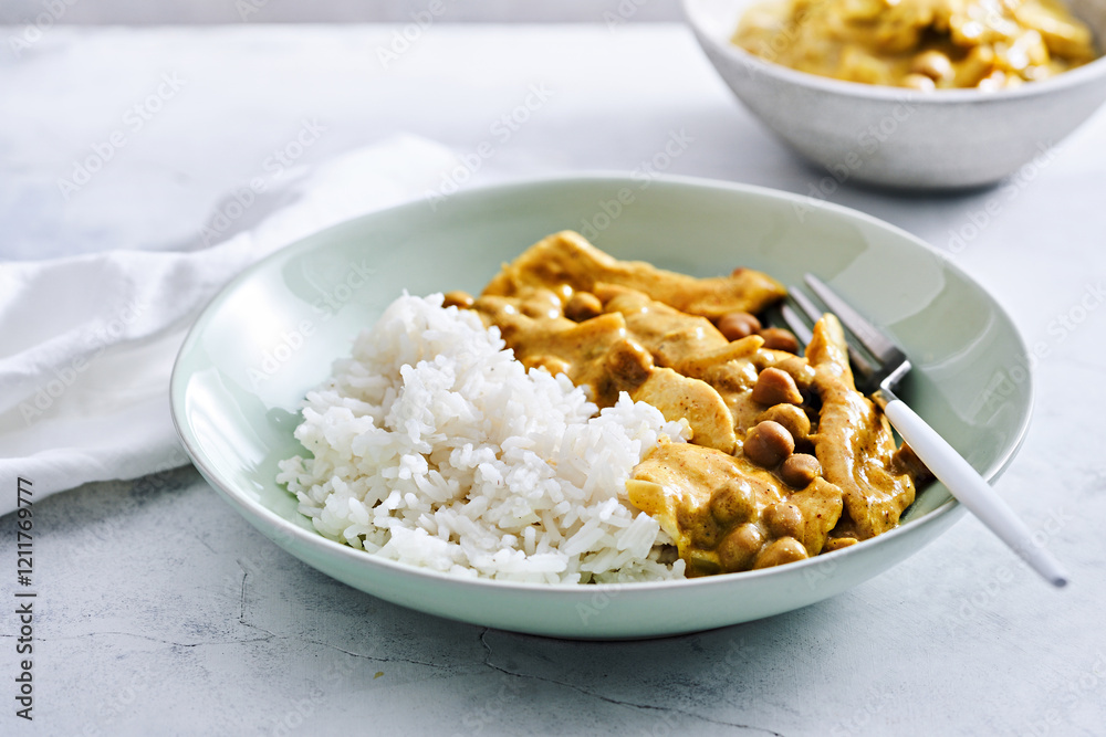 A bowl of creamy curry featuring Chicken and Chickpeas served alongside fluffy white rice on a light-colored plate. This hearty meal is perfect for lunch or dinner A bowl of creamy curry featuring Chicken and Chickpeas served alongside fluffy white rice on a light-colored plate. This hearty meal is perfect for lunch or dinner