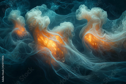 mystical blue swirls and fiery orange cores float in a dark cosmic sea, evoking a sense of deep tranquility