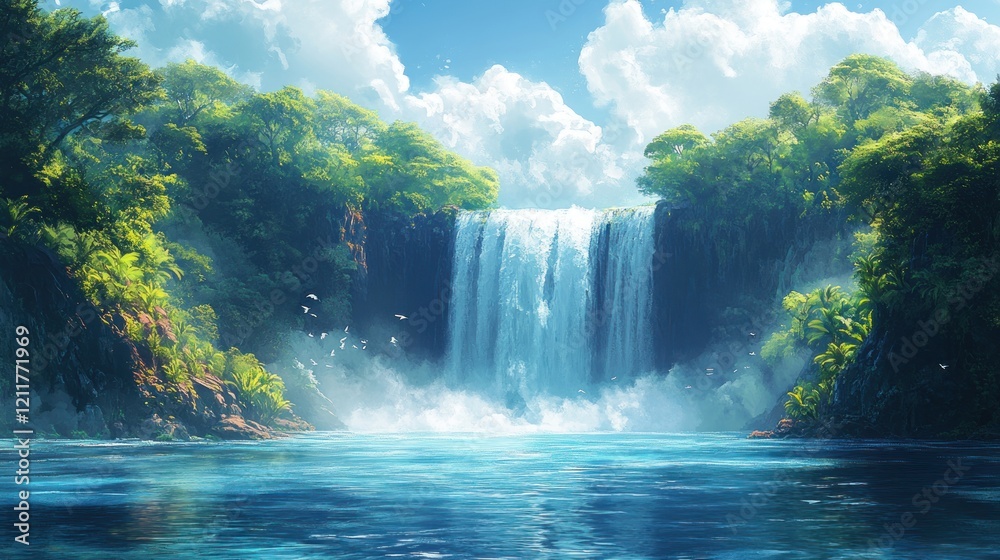 Fototapeta premium Lush rainforest waterfall cascading into a tranquil blue pool.
