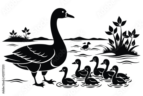 black silhouette geese on the lake Swimming at beach white background