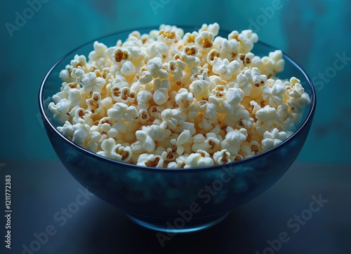 Bowl of fresh hot popcorn, closeup photo