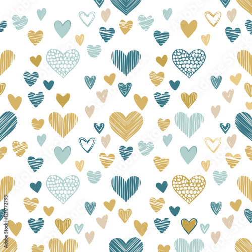Seamless pattern with hearts. Holiday vector illustration. Design for card, poster, print. Cartoon colorful hearts isolated on white background