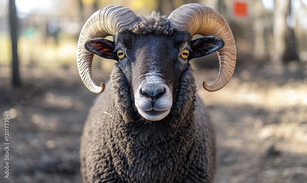 Fototapeta premium Here's a 10-word description: Black ram, large horns, stares intensely,