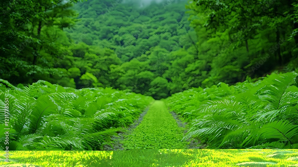Obraz premium Lush Green Forest Pathway Surrounded by Vibrant Ferns and Trees