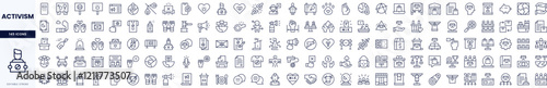 A collection of minimalist icons representing various activism themes, including social justice, environmental protection, and community engagement.