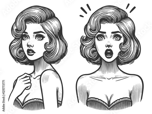 retro woman happy with an expression of surprise, excitement and vintage style sketch engraving generative ai fictional character vector illustration. Scratch board imitation. Black and white image.