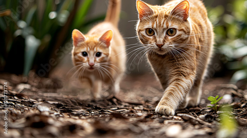 Two Adorable Ginger Cats Walking Together in a Garden