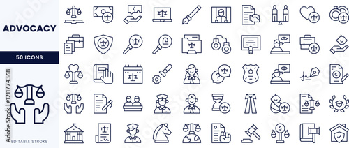 Collection of 50 advocacy icons featuring symbols of justice, legal aid, equality, and community support, designed in a clean, minimalistic style.