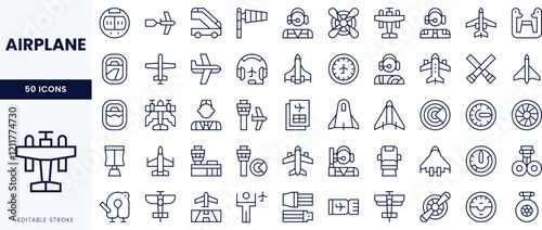 A comprehensive collection of 50 airplane-related icons, featuring diverse elements like aircraft, airport symbols, and aviation tools in a minimalist design.