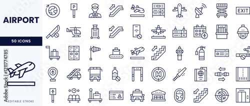 A collection of 50 airport-themed icons, featuring airplanes, terminals, luggage, and security symbols in a clean, modern line-art style.