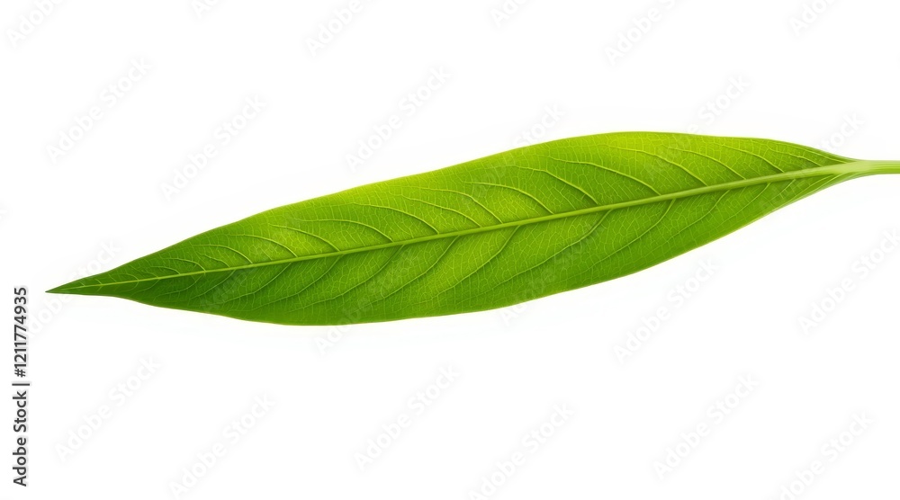 Obraz premium Single green leaf with detailed veins isolated on white background. Macro shot for natural and eco-friendly concepts
