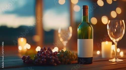 Romantic evening setting with a wine bottle, grapes, and candles creating a cozy atmosphere photo